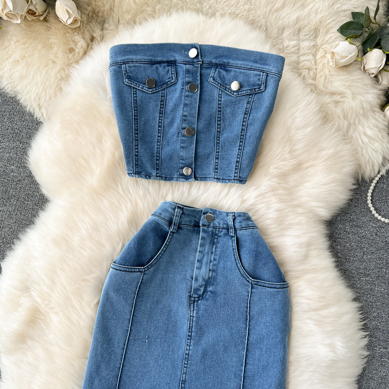 Kvinders jakkesæt i retro-feriestil i Hong Kong-stil sexet kort rørtop + højtaljet split denim-nederdel i todelt jakkesæt_voghion.com