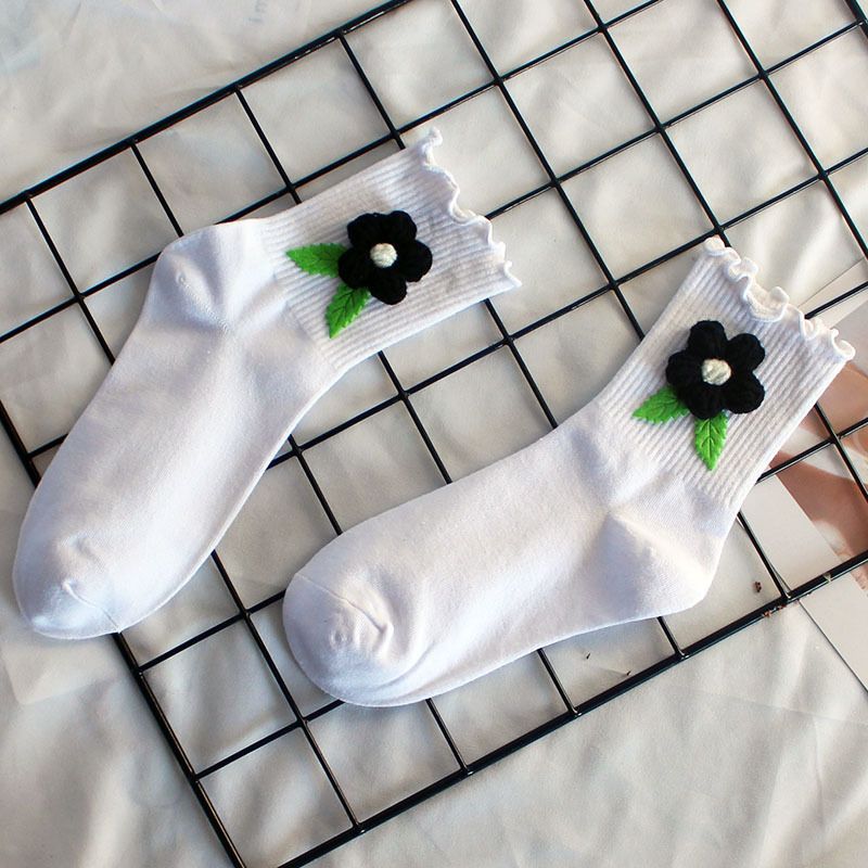 Calzini da donna in lana con fiori, autunnali e invernali, casual, in cotone, caldi, a metà tubo, con orecchie di legno, alla moda_voghion.com