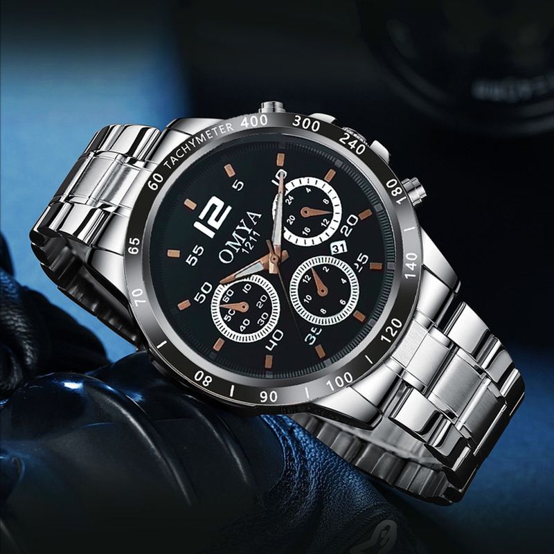 OMYA wasserdichte Herrenuhr mit Kalender, Quarzuhr, Geschenkbox-Set, Armband, Gürtel, Edelstahlarmband_voghion.com