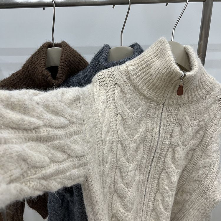 Maglione con collo alto e cerniera – Cardigan corto in maglia grossa a trecce (carbone, beige, caffè, taglia unica)_voghion.com