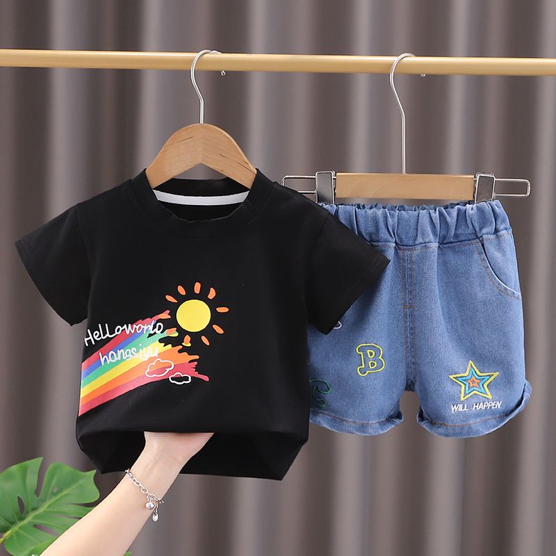 Ensemble deux pièces tendance pour enfants, manches courtes, motif arc-en-ciel, col rond, haut et short, pour garçons, été 2025_voghion.com