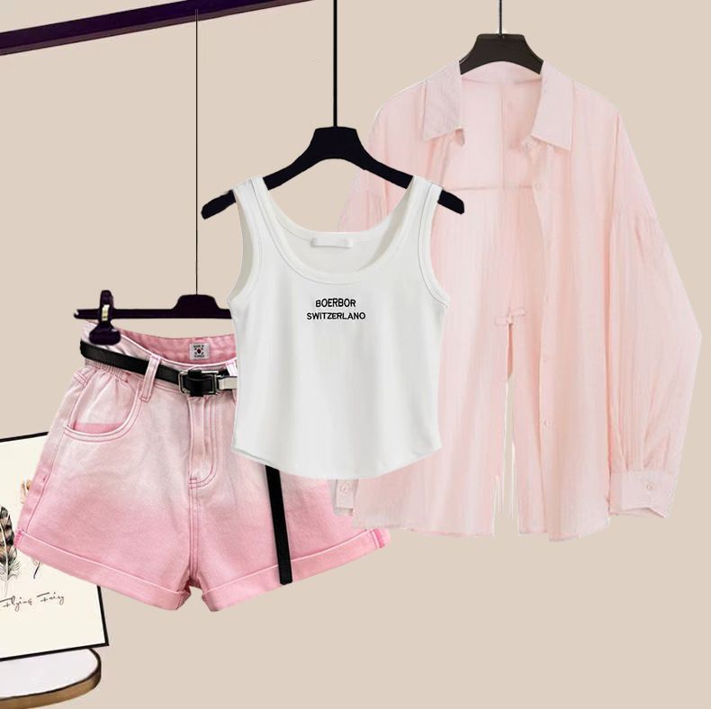 Vêtements pour femmes, chemise rose fine à manches longues, protection solaire pour femmes, nouveau gilet slim d'été, bretelles, short en jean_voghion.com