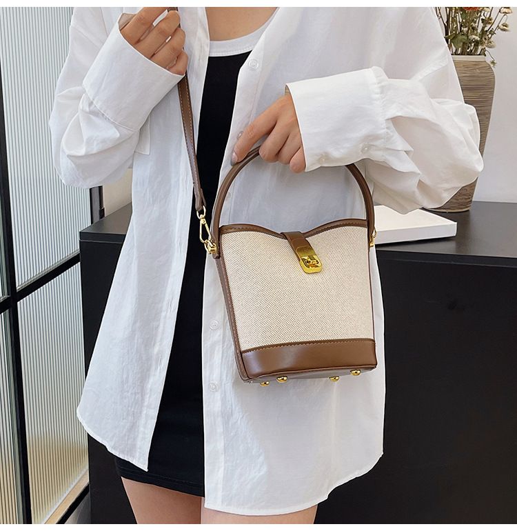 Color-Block Handheld Bucket For Women Korean Version New Fashionable Fabric Single Shoulder Crossbody Bag_voghion.com