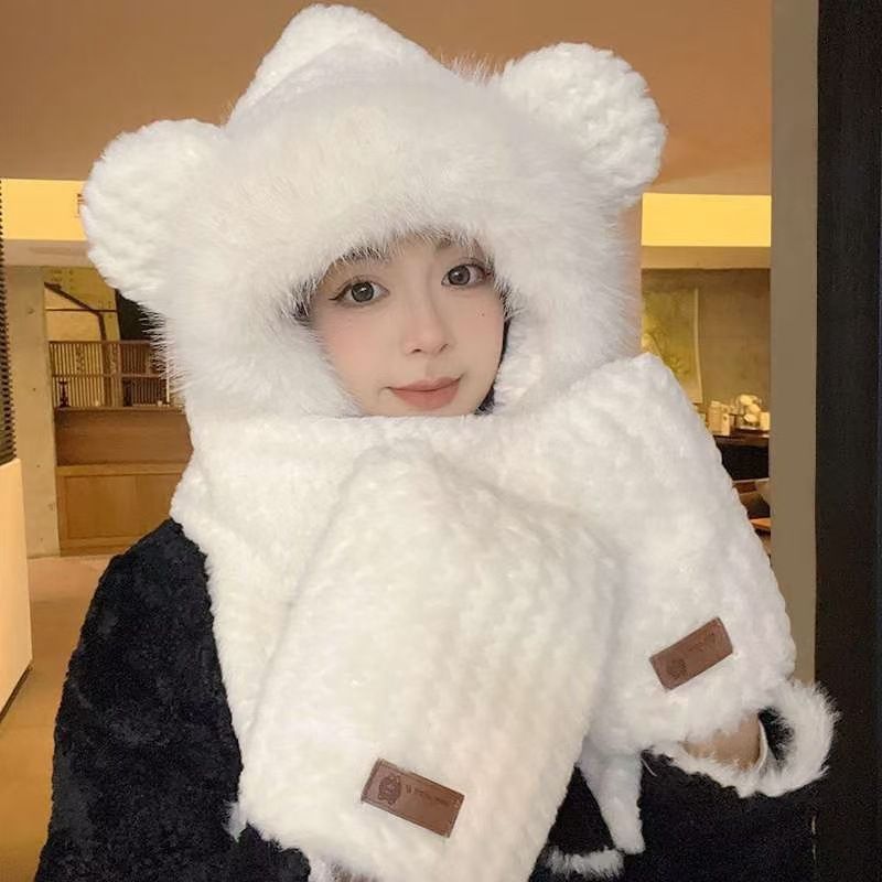 Cappello di peluche versione coreana sciarpa orso set tre pezzi protezione orecchie ciclismo ispessito antivento caldo inverno_voghion.com