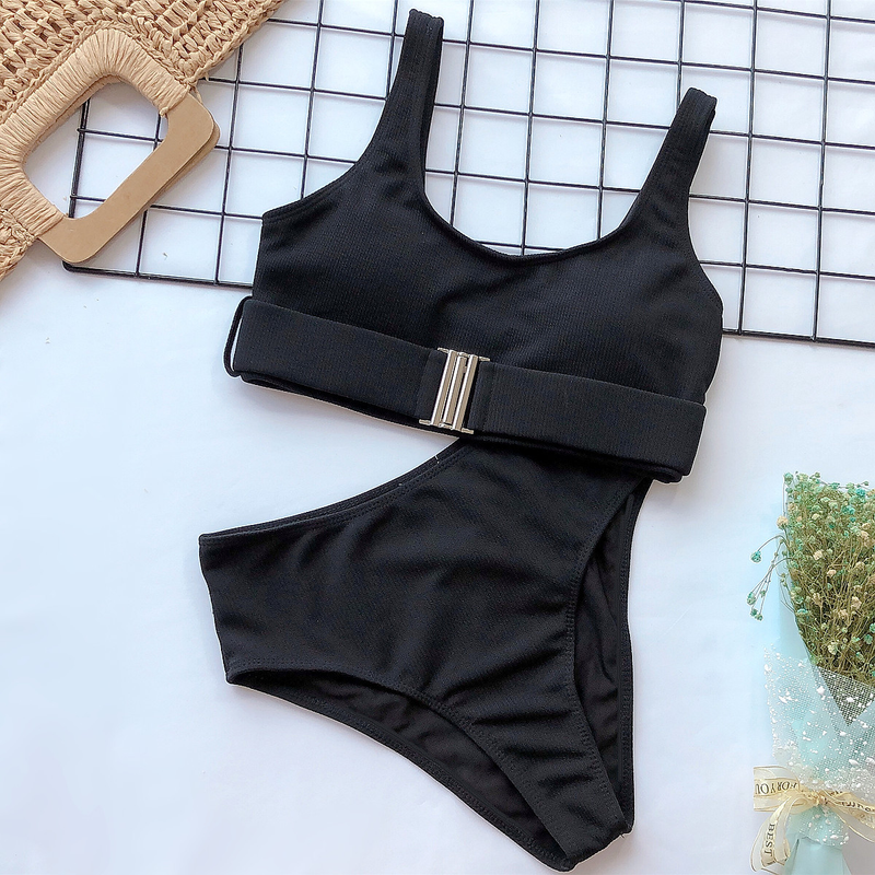 Hot Bikini Hot Sale High Waist Solid Color Bikini Pit Strip Swimsuit Split Buckle Bikini_voghion.com