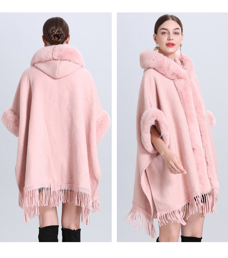 Dameskleding losse plaid plus fluwelen dikke bontkraag gebreide sjaal cape dameswollen sjaaljas_voghion.com