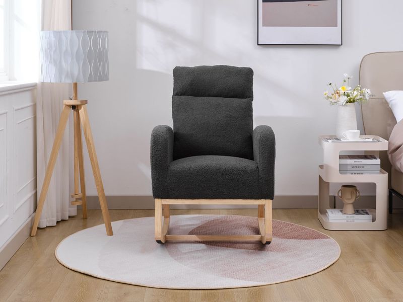 Modern Accent Rocking Chair Rocking Chair With Solid Wood Legs, Upholstered Nursery Glider Rocker, Comfy Armchair With Side Pocket, Living Room Lounge Arm Chair With High Backrest (Dark Grey,teddy)_voghion.com