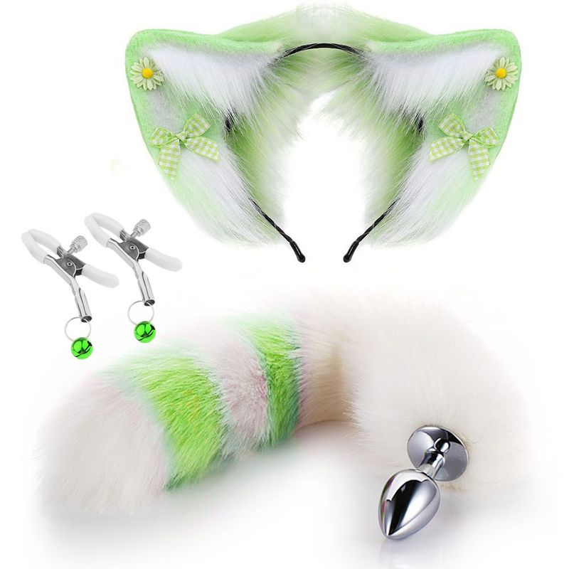 Yanse Sexy Peloso Orecchie di Gatto Colorate Coda di Volpe Lunga in Acciaio Inox Plug in Metallo Set Erotico Cosplay Lesbico Sesso Anale Plug per Donna_voghion.com