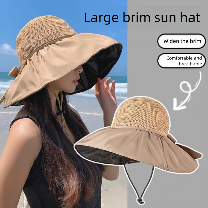 Sommer-Sonnenschirm mit schwarzer Schleife für Damen, koreanischer und japanischer Stil, UV-Schutz, breite Krempe, Gesichtsschutz, Sonne_voghion.com