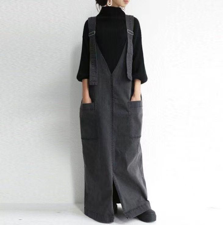 In Stock Japanese 2024 Spring Autumn Lazy Style High Waist Super Loose Wide Leg Jumpsuit Strap Dress_voghion.com