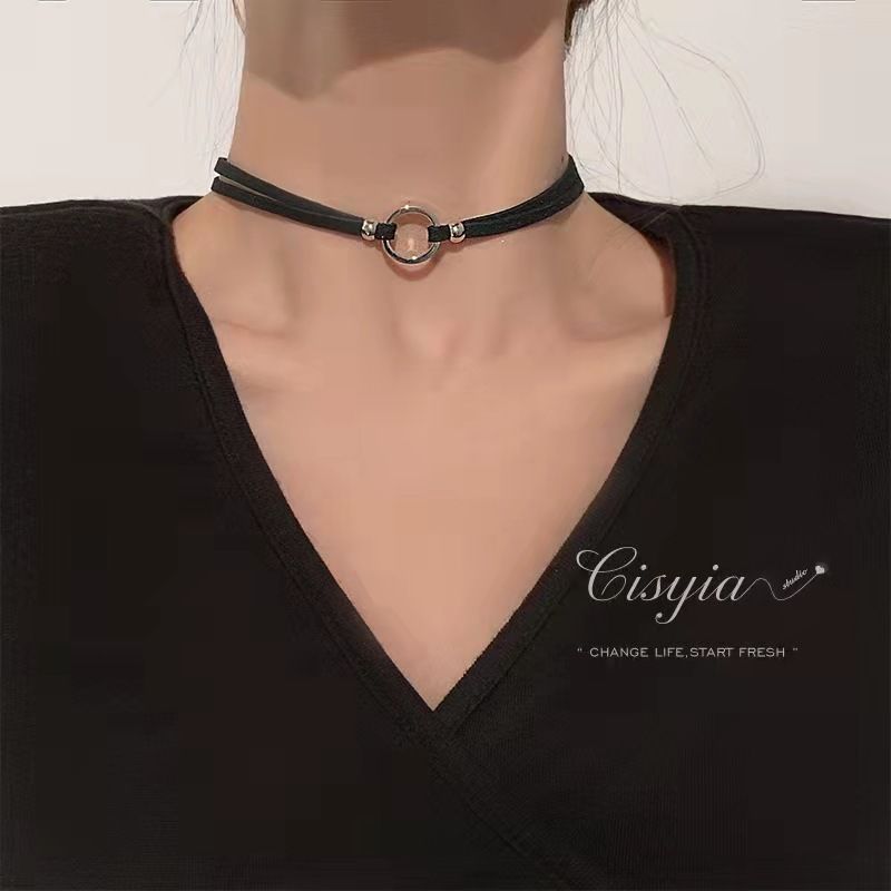 Collana con catena a clavicola a forma di cigno con nastro nero, stile coreano e giapponese, da donna, elegante collana girocollo a cerchio rotondo._voghion.com