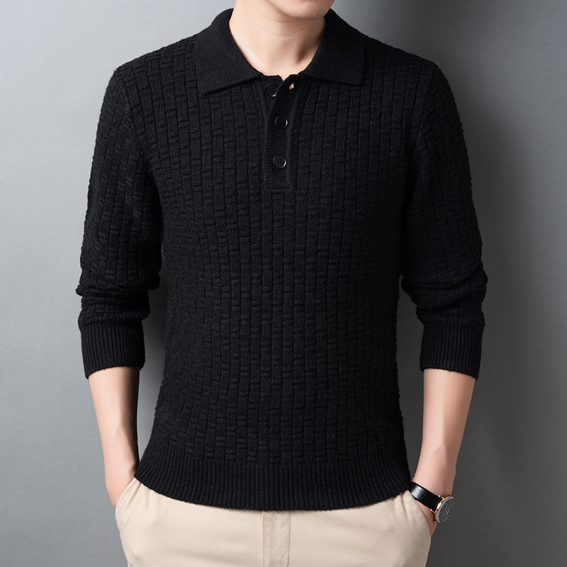 Plus size jacquard top, autumn and winter lapel, men's knitted sweater, casual solid color base sweater_voghion.com