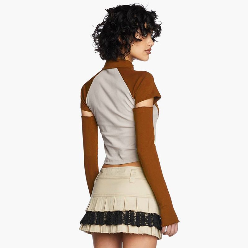 Q23TP274 Top de verano para mujer, personalizado, con cuello polo y hombros descubiertos, con estampado en contraste_voghion.com