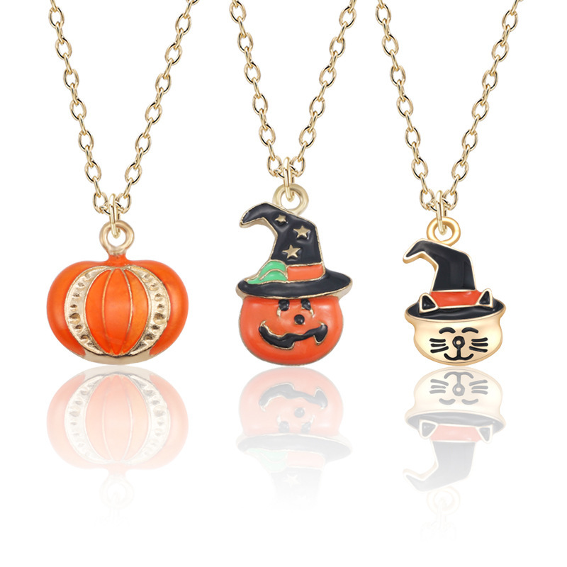Collana con testa di gatto, cappello di zucca magico con goccia di olio, ciondolo a catena, moda e gioielli creativi a tema Halloween_voghion.com