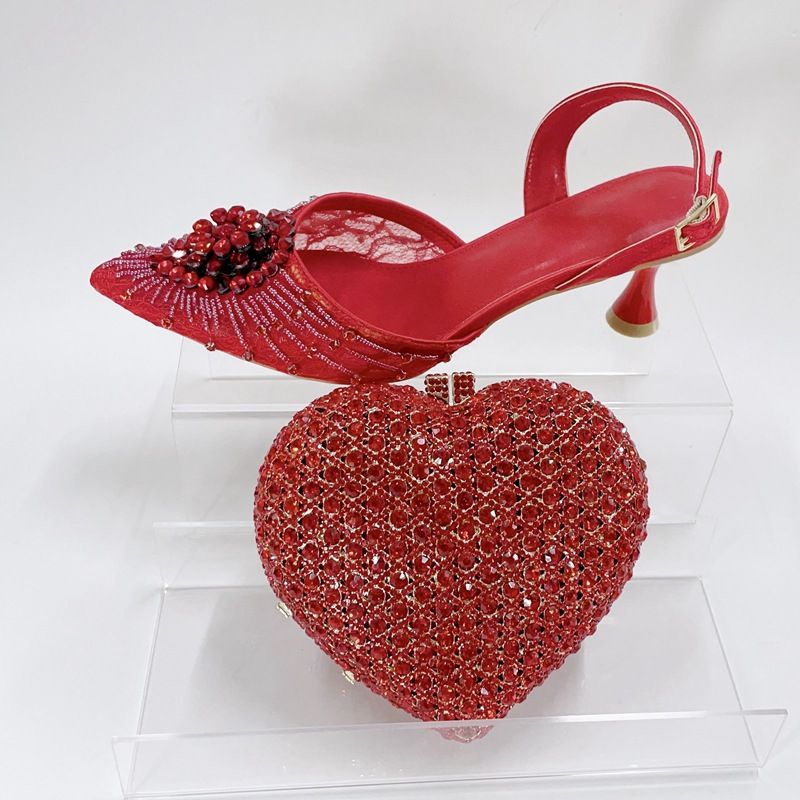 Women's High Heeled Sandals With Stilettos And Pointed Toes, Crystal Glass Flower High Heeled Sandals, Red Bridal Party Bag_voghion.com