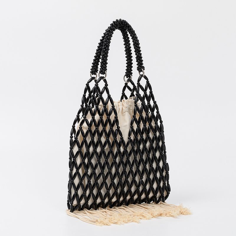 Borsa da spiaggia per le vacanze da donna, alla moda, con perline di legno intrecciate a mano e nappe ENSPT_voghion.com