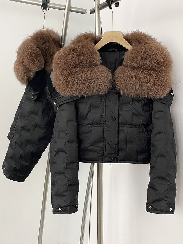 Stylische kurze Daunenjacke für Damen mit luxuriösem Fuchspelzkragen, geometrischem Musterdesign, 90 % weißen Entendaunen, warmer Wintermantel_voghion.com