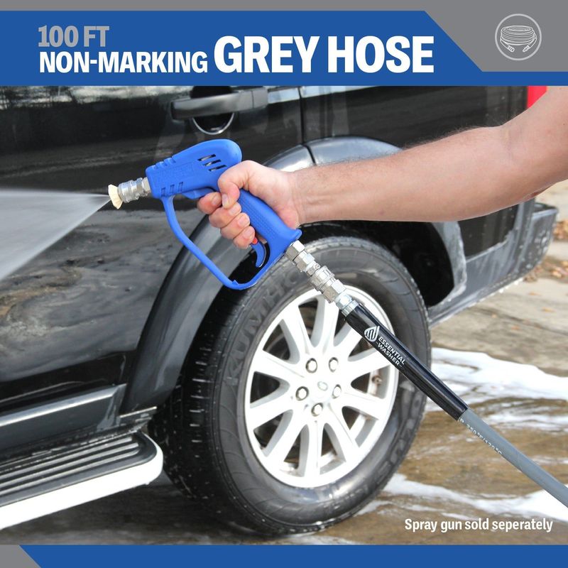 100 FT Grey Pressure Washer Hose | 3/8" Flexibility With Stainless Steel Fittings_voghion.com