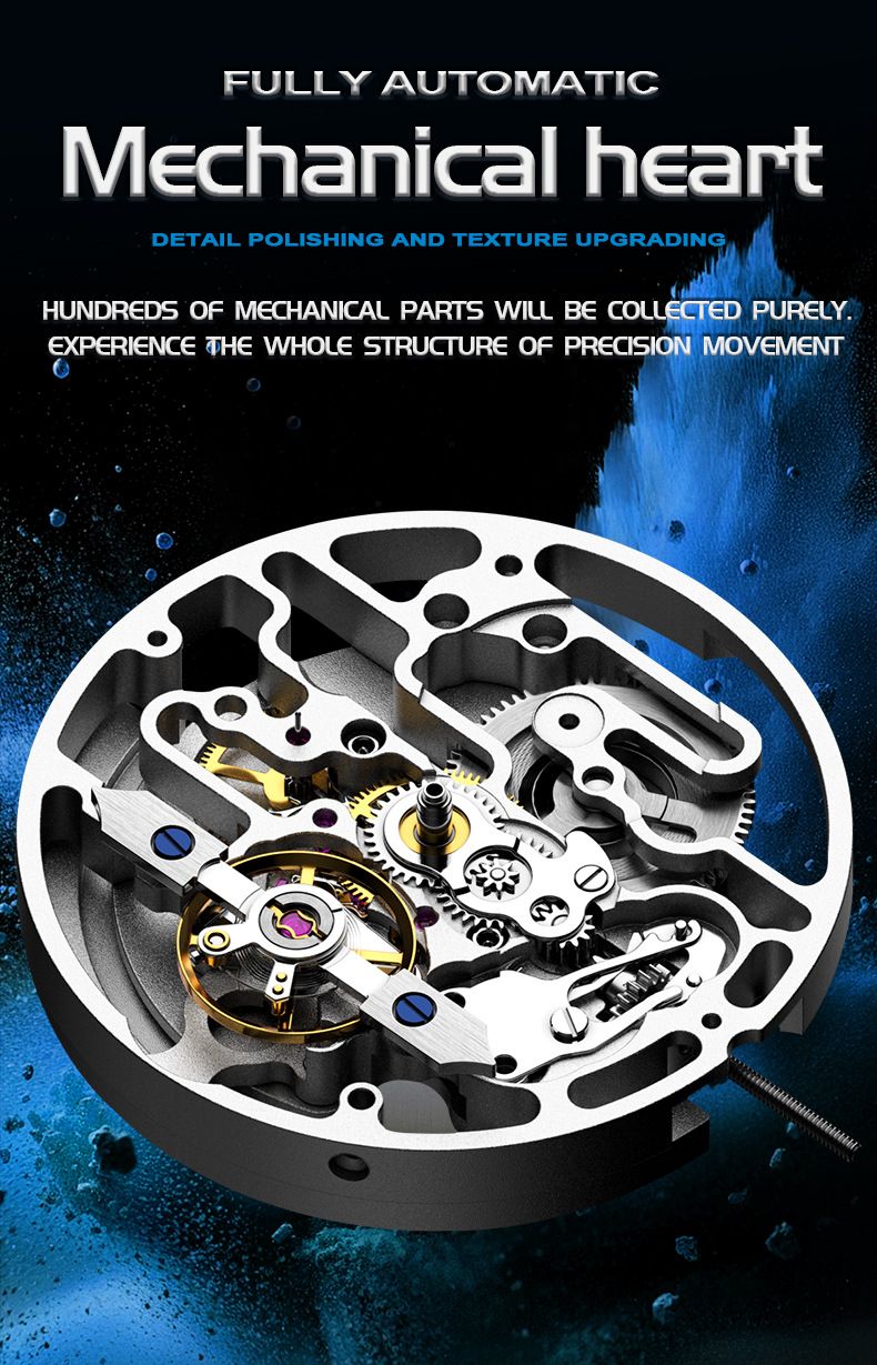 Orologio meccanico scheletrato automatico da uomo con lancette luminose, cinturino in acciaio inossidabile, quadrante rotondo da 42 mm, resistente all'acqua fino a 30 m, completamente automatico_voghion.com