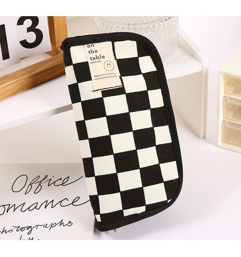 ins style black and white checkerboard pencil bag large capacity stationery bag canvas student simple high value pencil bag wholesale_voghion.com
