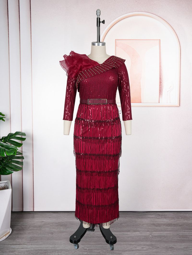 Plus Size Glitter Fringe Party Dress For Women - Elegant V-Neck Sequin Evening Gown With Layered Tulle Skirt (Wine Red, Royal Blue, Rose Purple)_voghion.com