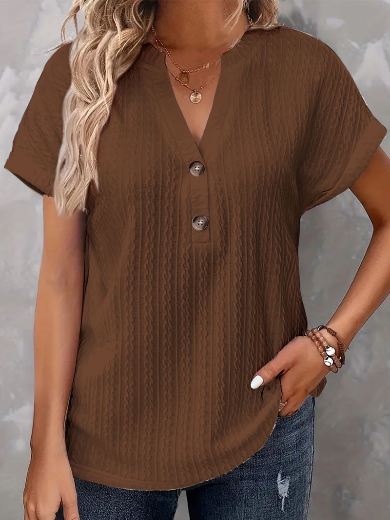 Lässige Kurzarm-T-Shirts mit V-Ausschnitt und Knopfleiste, modische, lockere Pullover-Sommerblusen, T-Shirt für Damen_voghion.com