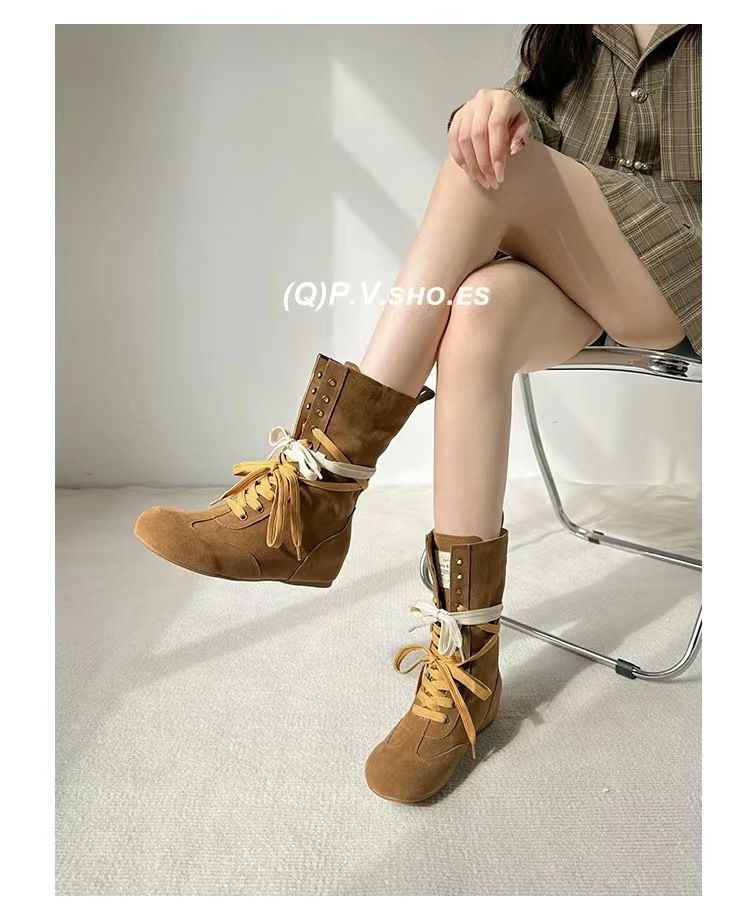 Women Boxing Boots Instant Dispatch~ Height-Increasing Martin For Women, Lace-Up Slimming Boxing Short Boots, Versatile Canvas Boots_voghion.com
