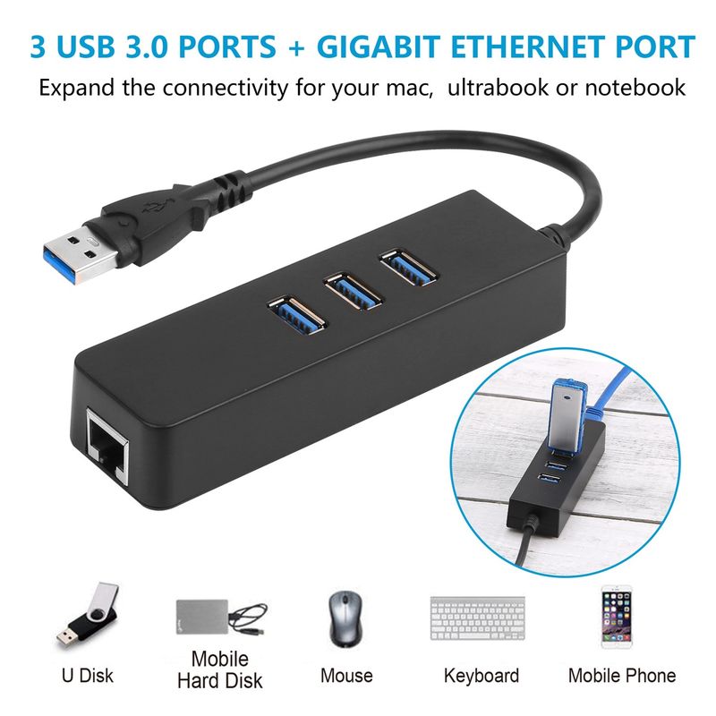 3 Ports USB 3.0 Hub Gigabit Ethernet Adapter 10/100/1000 Mbps Converter LAN RJ45 Wired USB Network Adapter_voghion.com