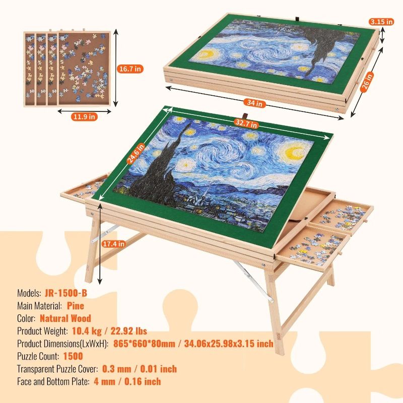 Puzzle Plateau, con gambe regolabili, 1500 pezzi, tavolo pieghevole con 3 cassetti inclinabili in legno, 4 pezzi e puzzle 32,7x24,6_voghion.com
