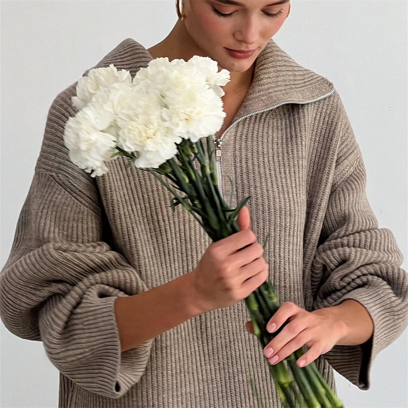 Dameskleding Eenvoudig High End Effen Kleur Pak Herfst En Winter Half Zip Trui Gebreide Rechte Broek Tweedelige Set_voghion.com