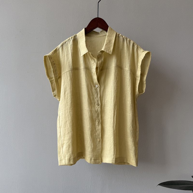 Camicia a maniche lunghe in puro lino stile coreano Yanshuang per donna, estiva, tinta unita, ampia e snellente, unica_voghion.com