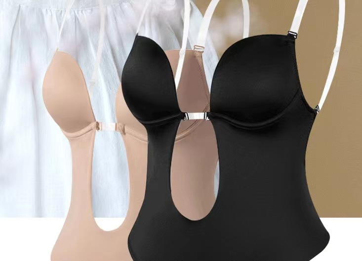 djup V rygglös magkontroll korsett body suit osynliga axelband aftonklänning bh body suit body shaper_voghion.com
