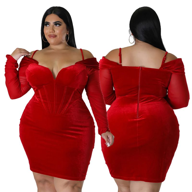 Women's Clothing large size velvet fabric dress Sexy V-neck hip-hugging large size dress see-through long sleeves_voghion.com