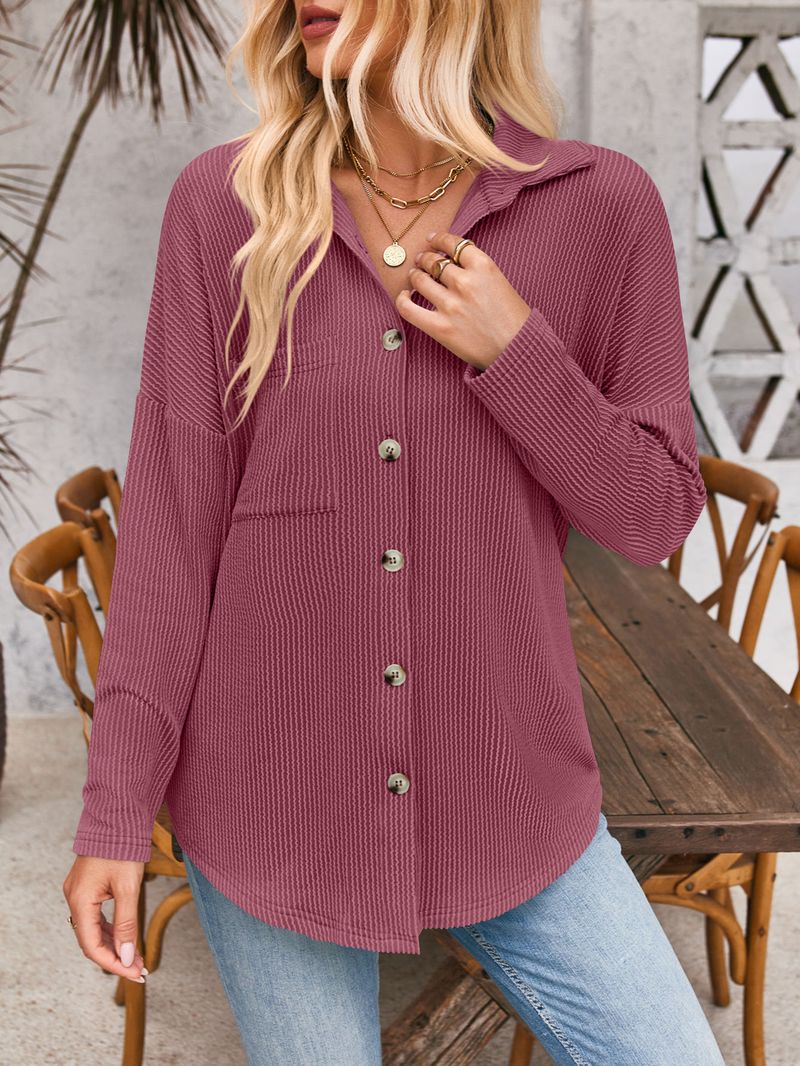 Damenbekleidung neue gestreifte Kontrastfarbe Tasche Langarm Shirt Strickjacke_voghion.com