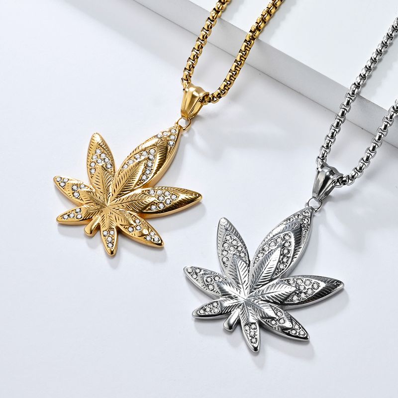 HIPHOP Bijouen Titanstahl platéiert K Gold Diamant Ahornblat Anhänger Halskette Hierscht a Wanter Nisch Pullover Kette_voghion.com
