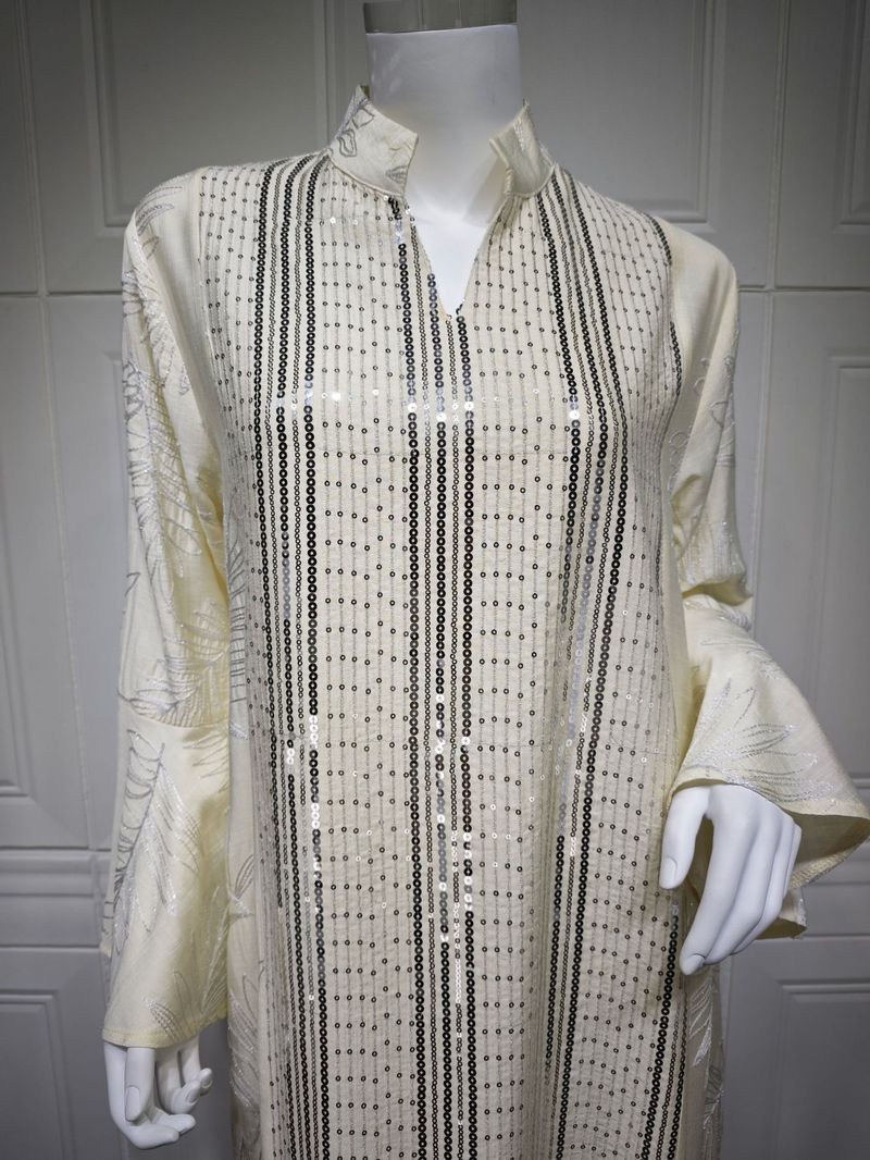 Elegant Embroidered Abaya Dress – Flowy Maxi Kaftan With Flounce Sleeves (Light Green/Yellow/Pink, S-XXL)_voghion.com