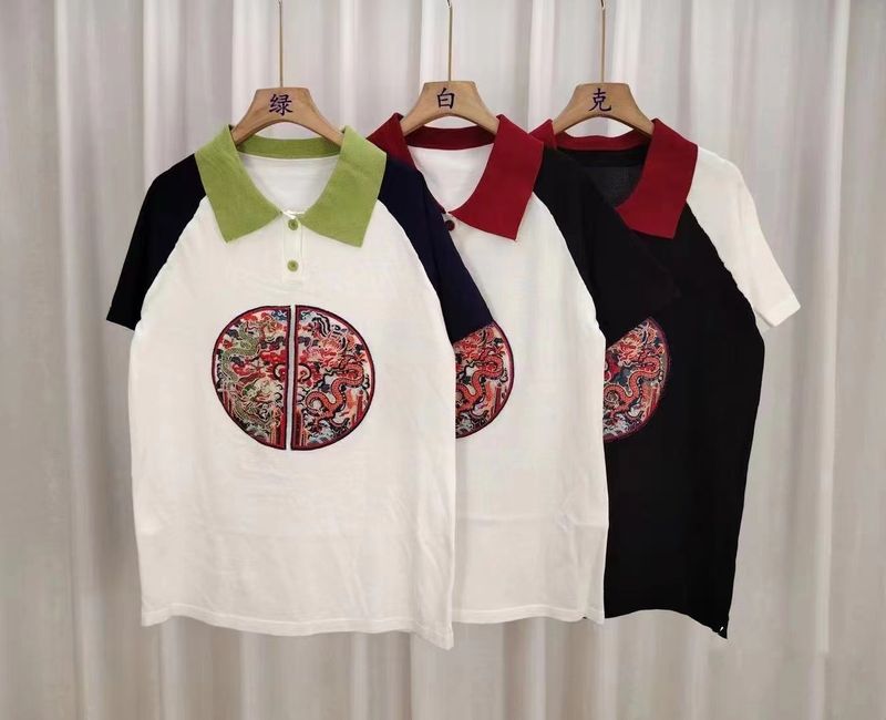 embroidered polo collar t-shirt for women 2024 summer heavy industry design with shoulder inserted new Chinese style_voghion.com