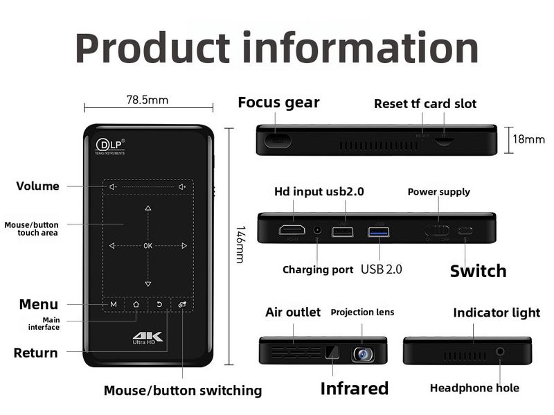 P9 Zweite Generation 1+8GB 4K HD DLP Mini Smart Micro Tragbarer Heimprojektor_voghion.com