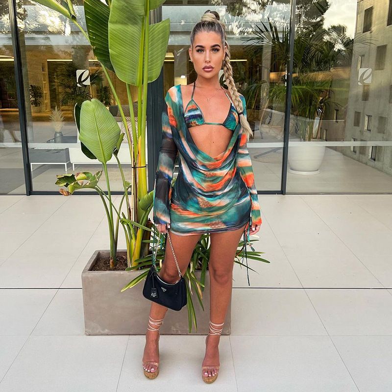 2025 Women's Summer New Painted Print Swing Neck Mesh See-through Ruched Tie Bra Set_voghion.com