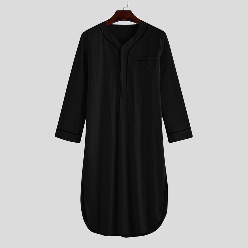 2025 Frühling Muslimischen Mittellangen Lose Feste Pyjamas männer Homewear Nachtwäsche Farbe Block_voghion.com