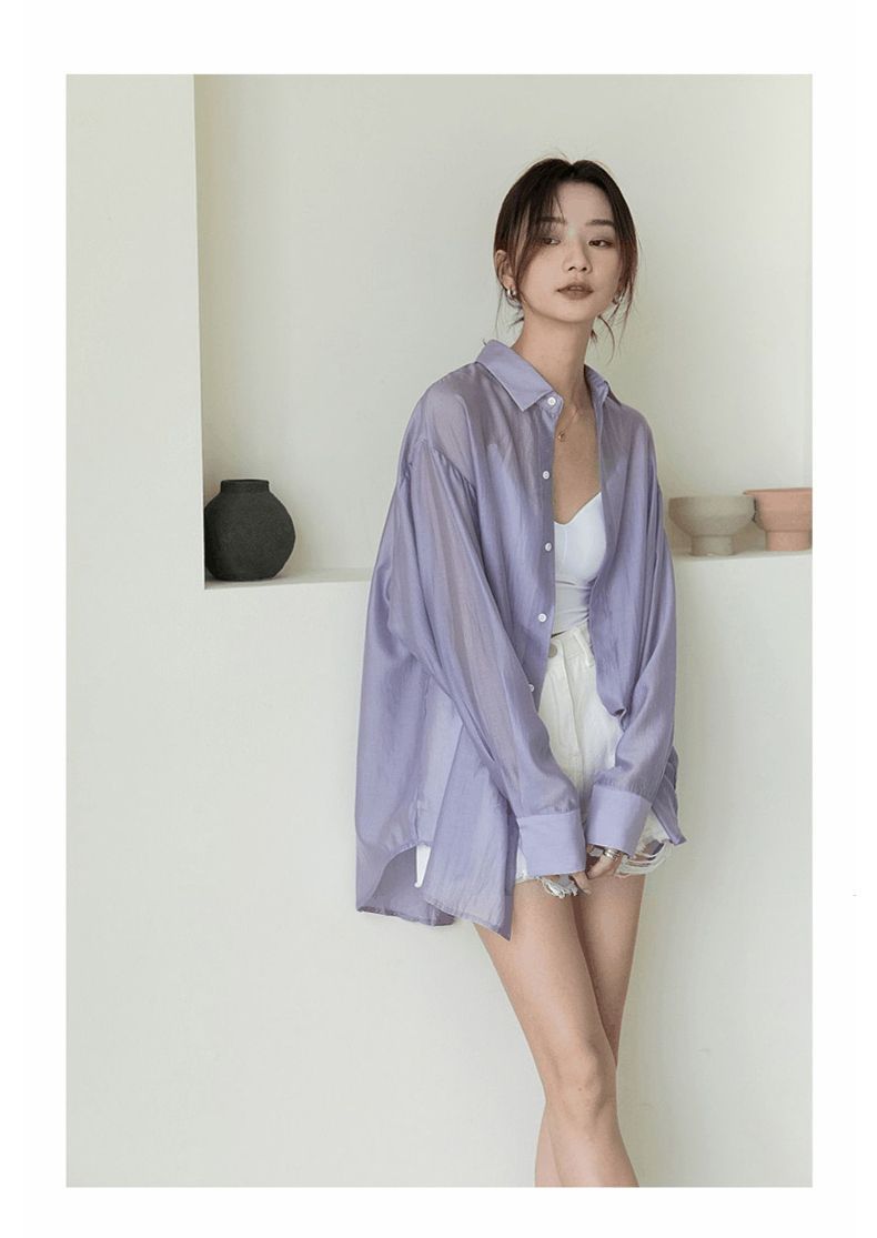 Ragazza Versatile Donna Sottile Estate Nuovo Design Senso Niche Schiena Scoperta Cravatta Micro-Trasparente Protezione Solare Camicia Stile Pigro_voghion.com