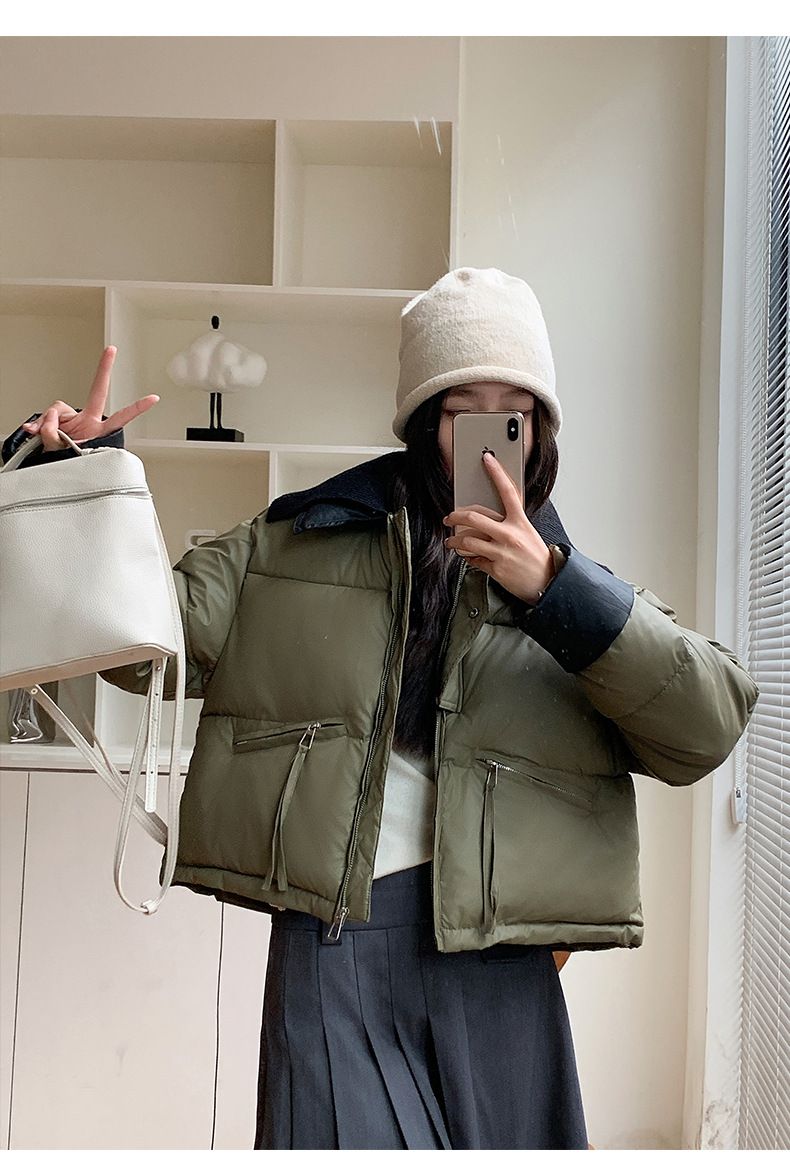 2024 European Knitted Short Down Jacket Women's Winter Fashion Splicing Doll Collar Cotton Coat Trend_voghion.com