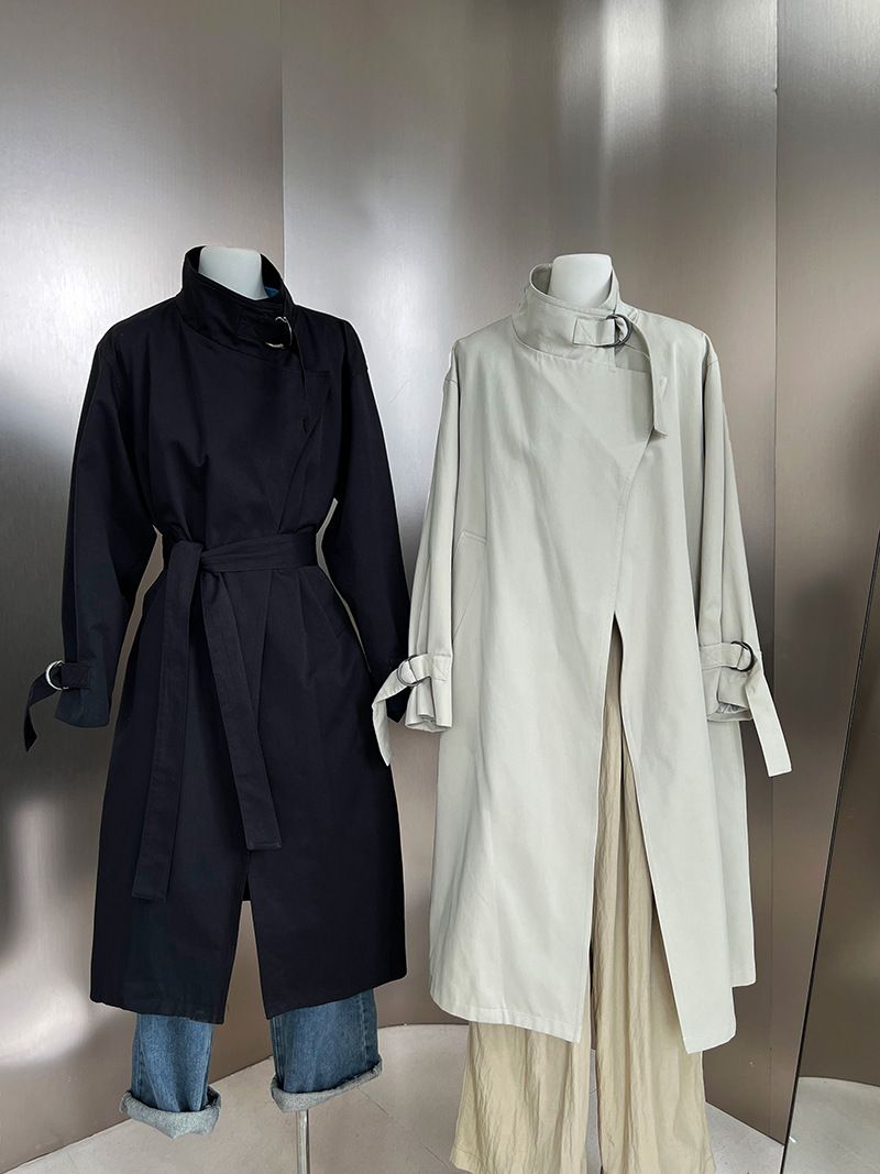 Elegant British-Style Long Trench Coat For Women – Minimalist & Luxurious Knee-Length Overcoat With Adjustable Belt, Pure Cotton, Black & Light Beige_voghion.com