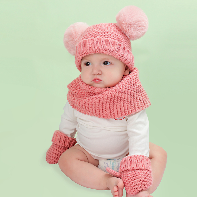 Vêtements pour bébé en laine monochrome, ensemble chaud pour enfants, chapeau, écharpe et gants, trois pièces_voghion.com