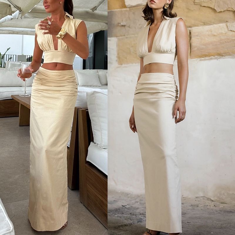 Ensemble jupe sans manches mi-longue deux pièces pour femme, tenue décontractée, idéale pour les vacances et les fêtes, collection printemps-été 2025_voghion.com