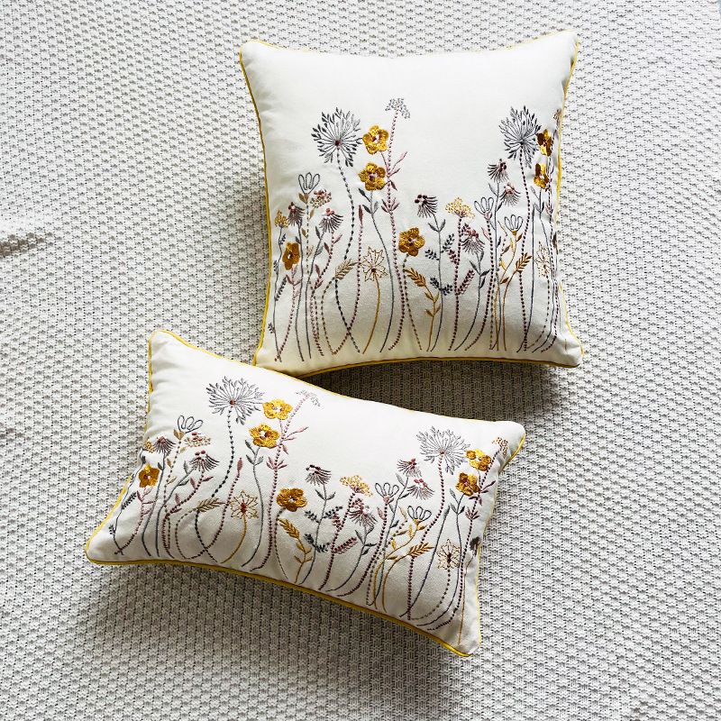 Housse de coussin de canapé en coton brodé à fleurs colorées de style pastoral nordique, vente en gros, directe d'usine_voghion.com