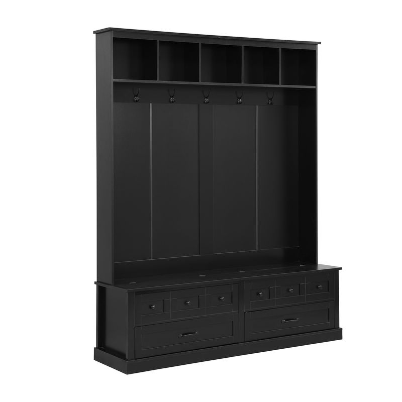 ON-TREND Elegant Wide Hall Tree With 5 Hooks, Versatile Entryway Lift Top Storage Bench With 2 Drawers, Retro Wooden 3-in-1 Coat Rack With Black Handles For Mudroom, Living Room, Black, 59"Wx74"H_voghion.com