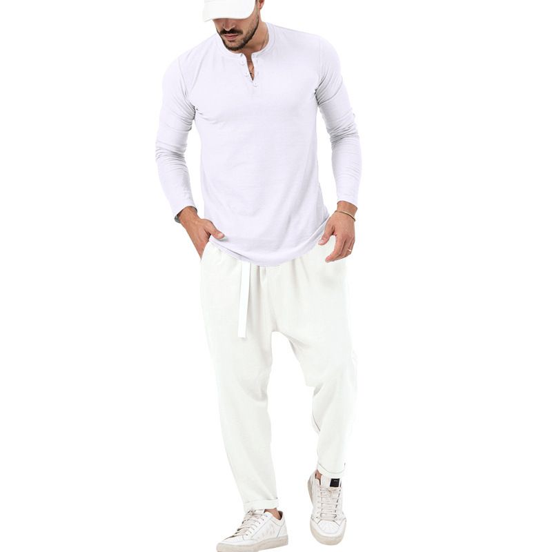 Men's solid color casual long-sleeved Henry T-shirt pantsuit_voghion.com