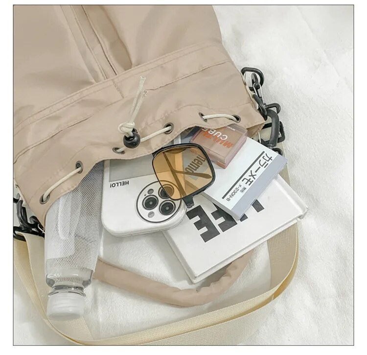 Individual one-shoulder strap satchel leisure rope drape bag large capacity portable nylon bucket bag_voghion.com