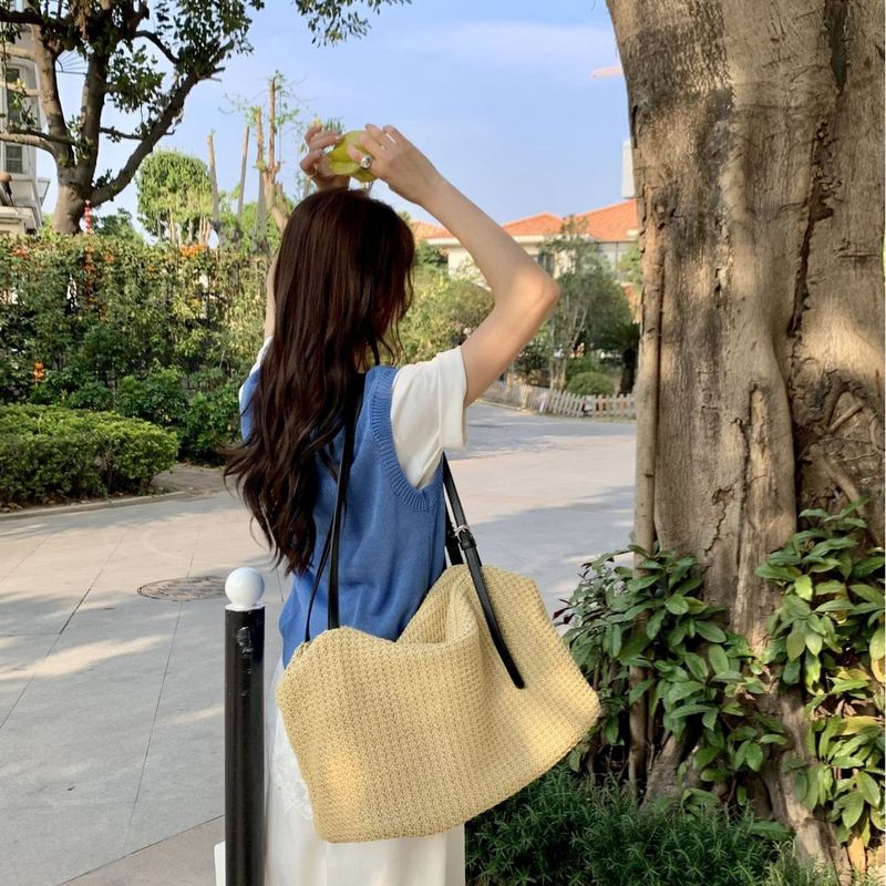 Borsa da spiaggia in paglia intrecciata, nuova, a tracolla singola, da donna, con nappa a righe, stile coreano, casual, per le vacanze_voghion.com